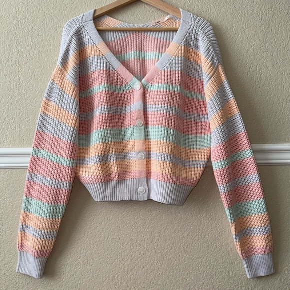 Cotton Blend Striped Colorful Chunky Knit Cardigan Sweater Button Front Large - Picture 1 of 15